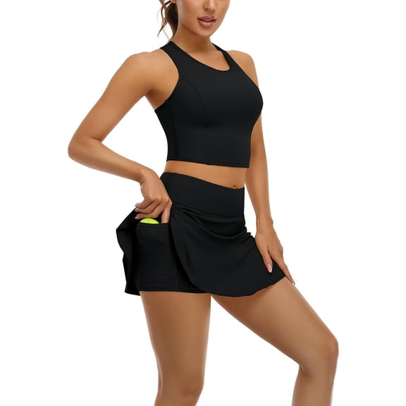 Alove Women Sleeveless Tank Top Mini Dress With Pockets 2 Pieces Skirts Set