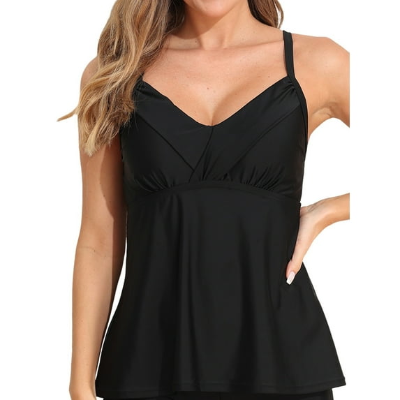 Alove Women Solid Color & Print Tankini Top Crystal Swimwear Swim Top Spaghetti Strap V Neck Bathing Suit Tops