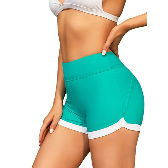 Alove Women Sports Swimming Trunks Solid Color Fake Two Pieces Swimwear Bottom Ladies Bikini Bottom Boy Shorts Slim Patchwork Skinny Swim Shorts