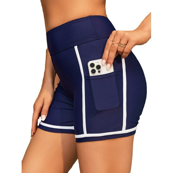 Alove Women Sports Swimming Trunks With Pockets Ladies Bikini Bottom Boy Shorts Slim Skinny Swim Shorts Solid Color Swimming Trunks