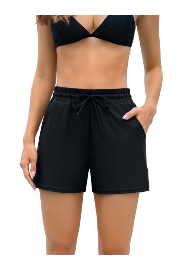 Women Swimming Shorts Solid Color Tankini Bottom Strappy Swimwear Briefs Boy Shorts with Pockets