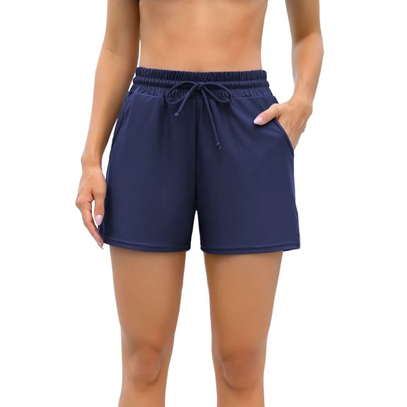 Alove Women Swimming Shorts Solid Color Tankini Bottom Strappy Swimwear Briefs Boy Shorts with Pockets