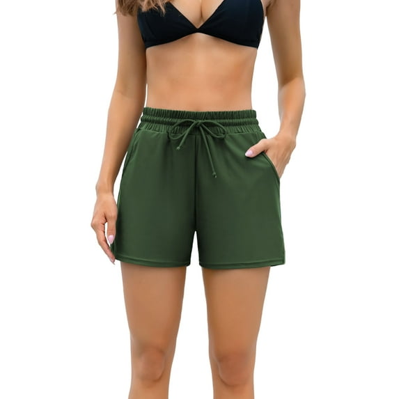 Alove Women Swimming Shorts Solid Color Tankini Bottom Strappy Swimwear Briefs Boy Shorts with Pockets