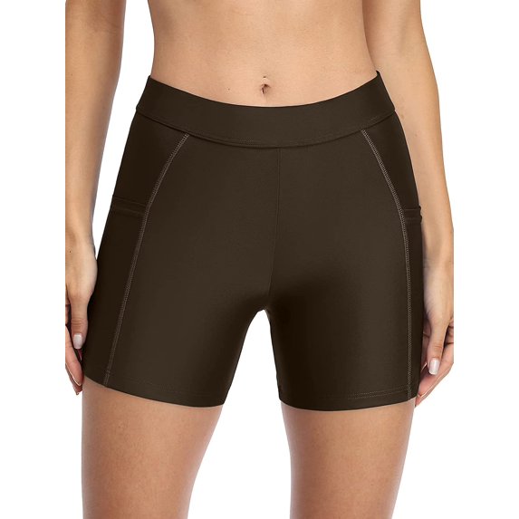 Alove Women's High Waist Solid Boyleg Swim Bottom With Pockets Stretch Board Shorts