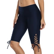 Alove Womens High Waisted Drawstring Swim Long BoardShorts Stretch Solid Knee Length Surfing Swim Pants