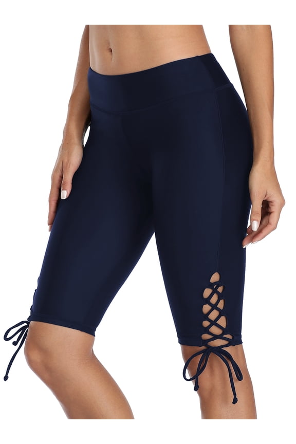 Women's High Waisted Drawstring Swim Long BoardShorts Stretch Solid Knee Length Surfing Swim Pants