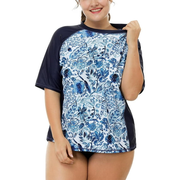 Alove Women's Plus Size Short Sleeve Swim Shirt Top Color Blocked UPF 50+ Rashguard