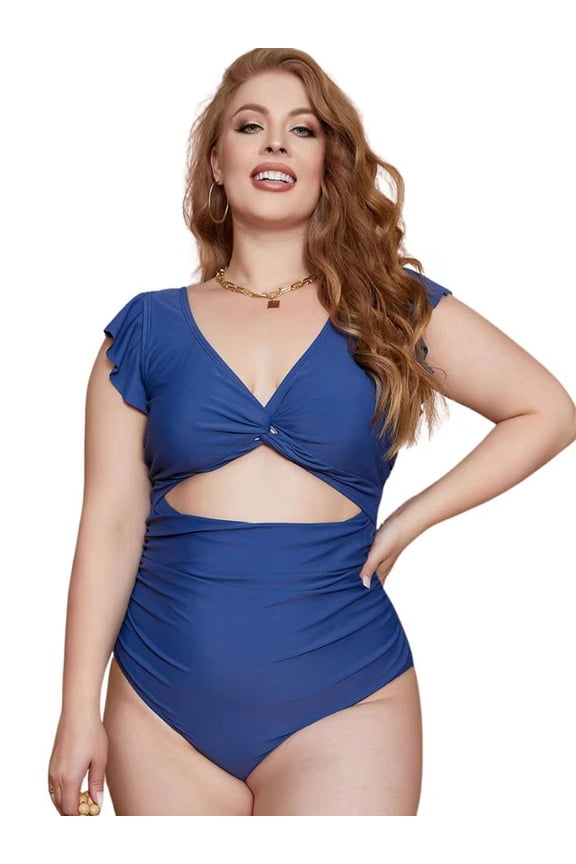 Women's Plus Size Swimwear One Piece Swimsuits Solid Color Sexy Monokini Lotus Shoulder Strap Bathing Suits Deep V-neck Hollow-out Swimming Suits