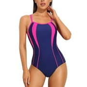 Alove Women's Side Splicing Athletic Swimwear Crossback One Piece Competitive Bathing Suit