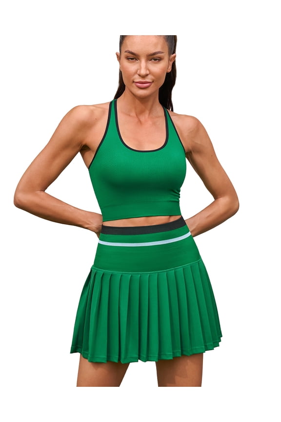 Womens 2 Pieces Solid Tennis Skirts Building in Short High Waisted Pleated Skirt Sets Seamless Colorblock Golf Outfits Top and Skirt