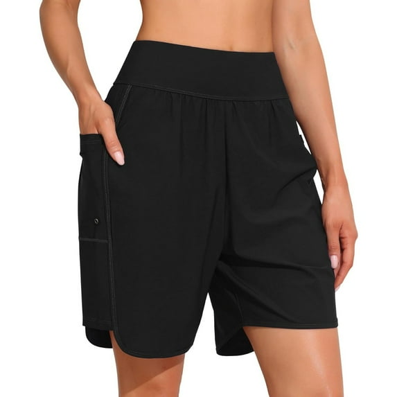 Alove Womens 6" Swim Shorts Built-in Brief Solid High Waisted Board Shorts with Pockets Quick Dry UPF50+ Swimsuit Bottoms