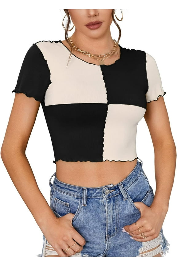 Womens Cropped T-Shirts Short Sleeve Lettuce Trim Color Block Ribbed Tees Crop Tops