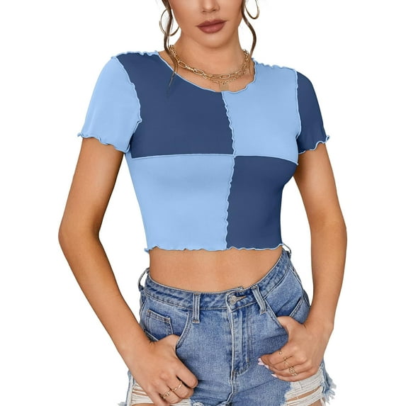 Alove Womens Cropped T-Shirts Short Sleeve Lettuce Trim Color Block Ribbed Tees Crop Tops