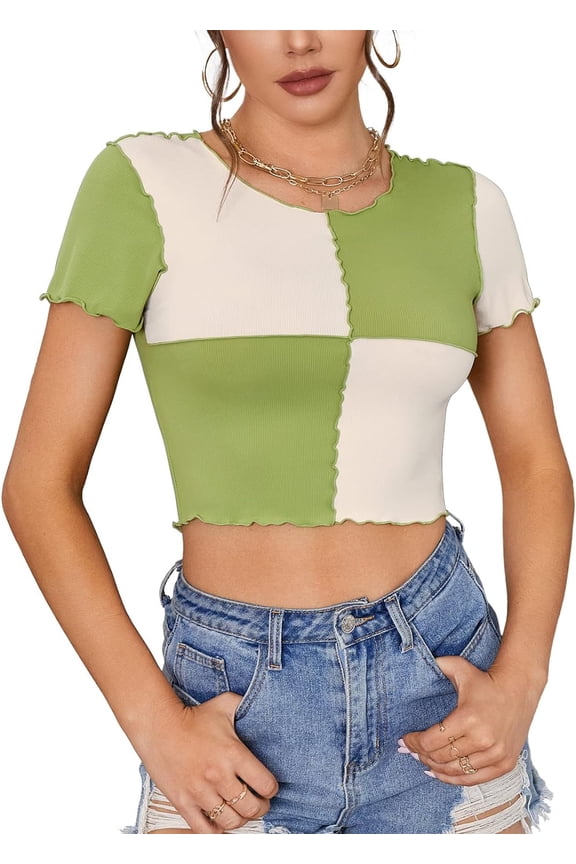 Womens Cropped T-Shirts Short Sleeve Lettuce Trim Color Block Ribbed Tees Crop Tops