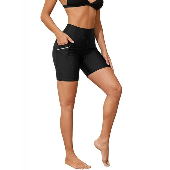 Alove Womens High Waisted Quick Dry Swim Shorts Bathing Suits Bottoms with Pocket and Color Zip