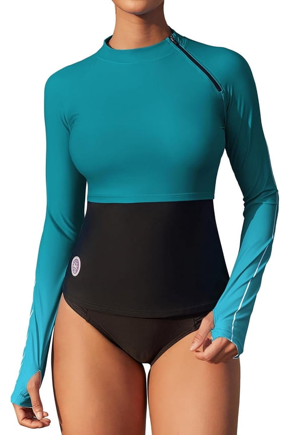 Womens Long Sleeve UPF 50+ Rash Guard Top with Thumb Hole Swim Shirts Gradient Color Block Swim Tops with Shoulder Zipper