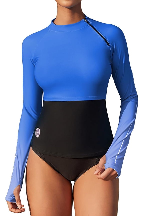 Womens Long Sleeve UPF 50+ Rash Guard Top with Thumb Hole Swim Shirts Gradient Color Block Swim Tops with Shoulder Zipper