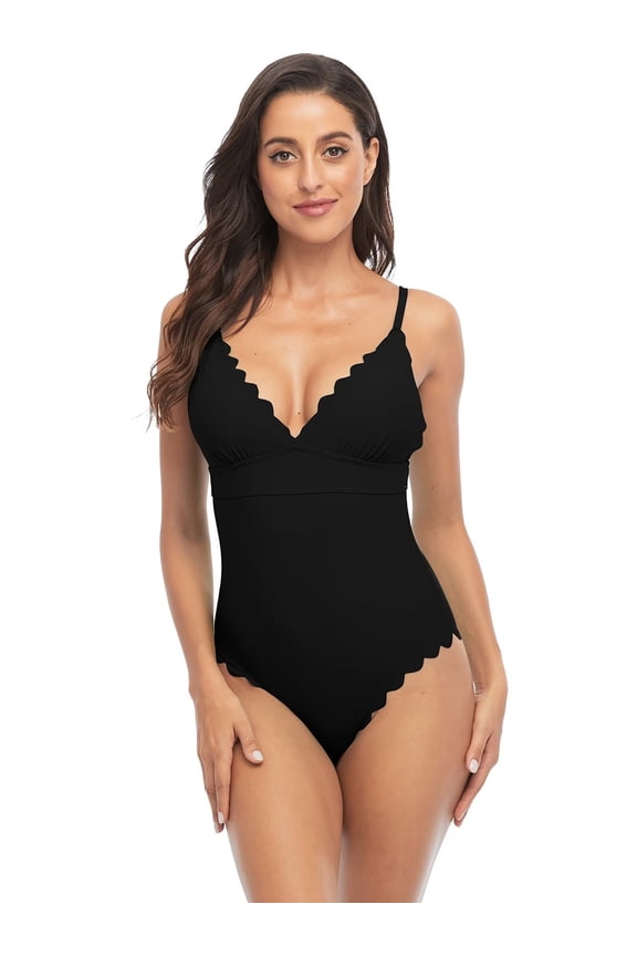 Womens Scalloped Padded High Cut One Piece Swimsuits Backless Strappy Monokinis Bathing Suits Swimwear