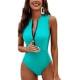 thumbnail image 1 of Alove Womens Solid One Piece Swimwear with Zipper Racerback Swimwear Mock Neck Full Coverage Bathing Suit, 1 of 8