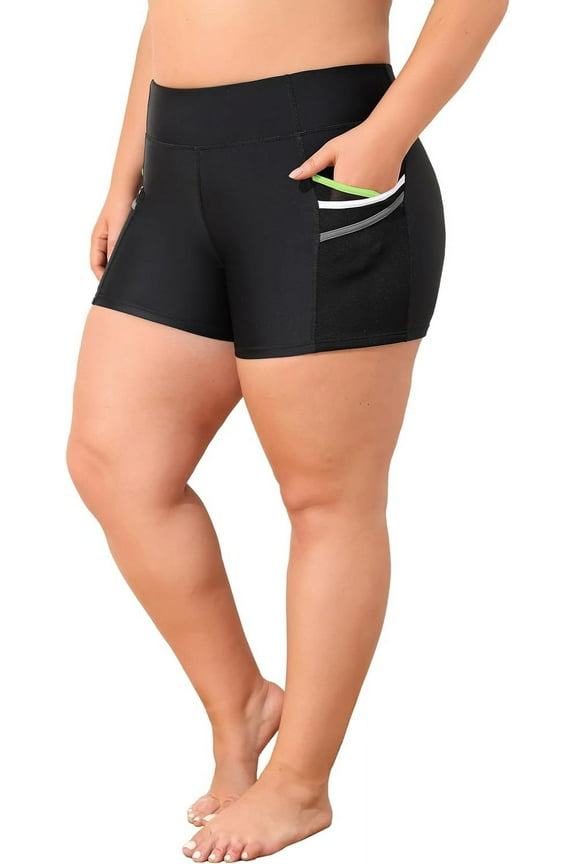 Womens Solid Plus Size High Waisted Board Shorts Swim Trunks Big Shorts Swimwear Bottoms with Two Pockets