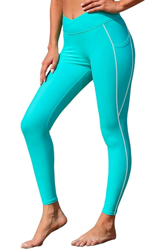 Womens Solid Swimming Leggings with Pockets High Waisted Swim Pants Full Length Swimming Tights Sun Protective