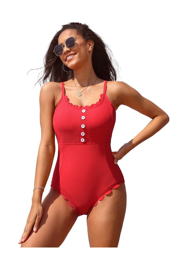Womens Square Neck Solid One Piece Swimwear Ribbed Bathing Suits Scallop Trim Swimsuits with Button Swimming Suit