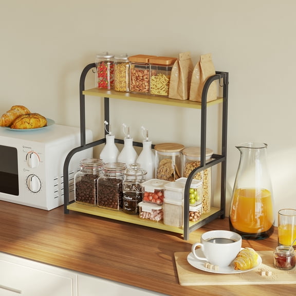 Alow 15.7"D x 7.95"W x 16.3"H Countertop Organizer 2 Tier Shelves Kitchen Shelf Organiser Spice Rack Storage Cupboard Organizer Black Wooden for Counter Top - Small Desk Worktop Organisation Unit