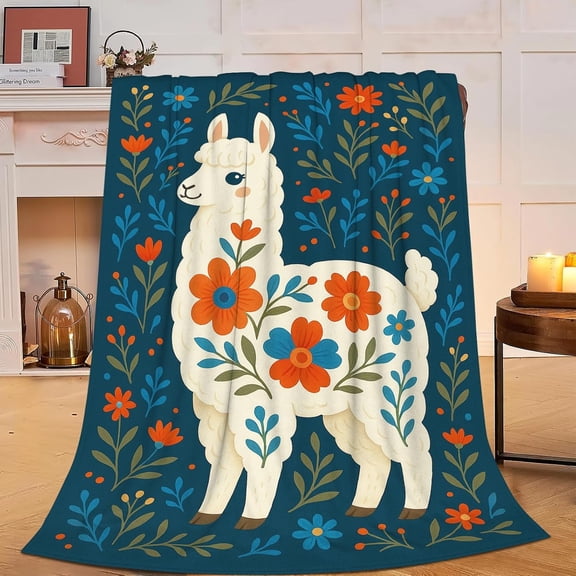 Alpaca Blanket Floral Boho Alpaca Llama Throw Blanket Soft Cozy Fleece Fuzzy Plush Warm Stuff Bedding Nursery Toddler Mexican Blankets Gifts for Boys Girls Kids Adult Men Women 50"X60"