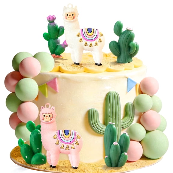 Alpaca Cactus Cake Decorations Set - Cute Desert Theme Party Decor with Pink White Alpacas & Green Cacti