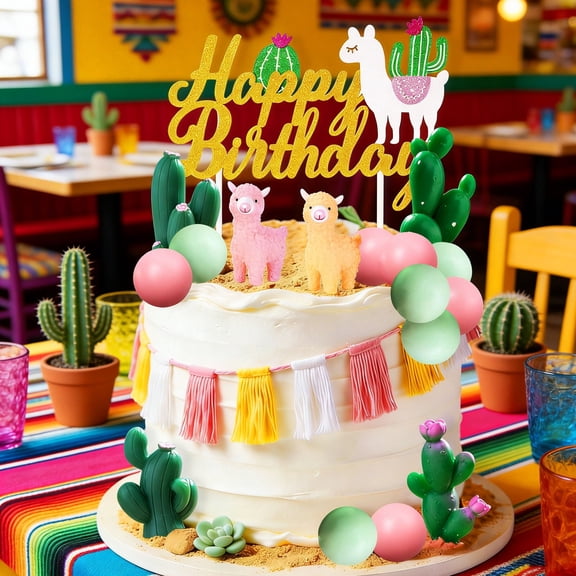 Alpaca Cactus Theme Cake Topper Set - Cute Desert Party Decorations for Birthday & Theme Gatherings