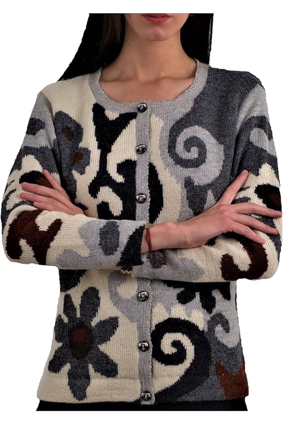 Alpaca Cardigan for Women, Embroidered. Pure Peruvian Baby Alpaca (Ariana - L)