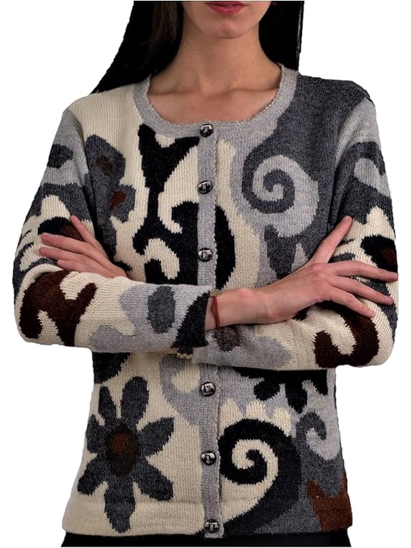 Alpaca Cardigan for Women, Embroidered. Pure Peruvian Baby Alpaca (Ariana - S)
