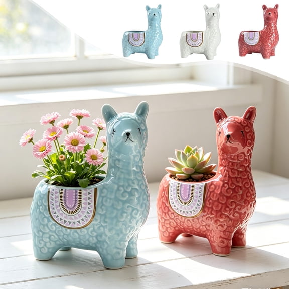 Alpaca Ceramic Planter Cartoon Animal Desktop Decor • Cute Alpaca Pottery Vase • Drainage Hole Design • Mini Succulent Planter Home Office Ornament