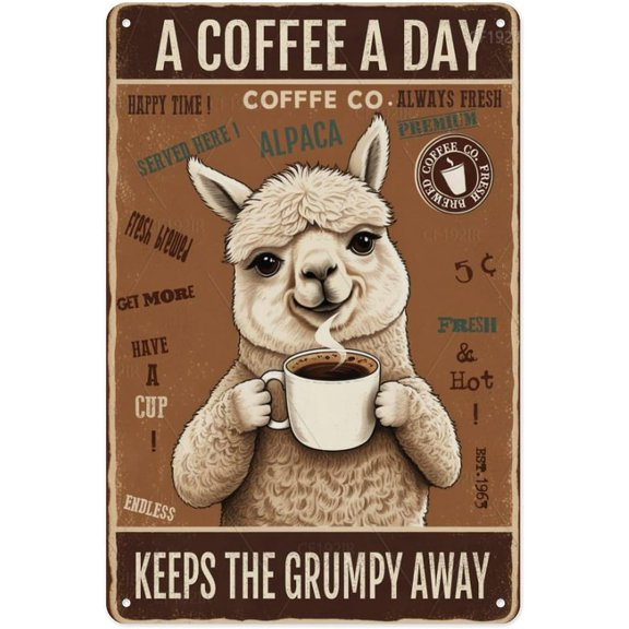 Alpaca A Coffee A Day Keeps The Grumpy Away Vintage Aluminum Tin Sign - Humorous Coffee Quote Decorative Metal Sign, 8x12 Inches, Funny Wall Decor for Kitchen Office of Alpaca Fans