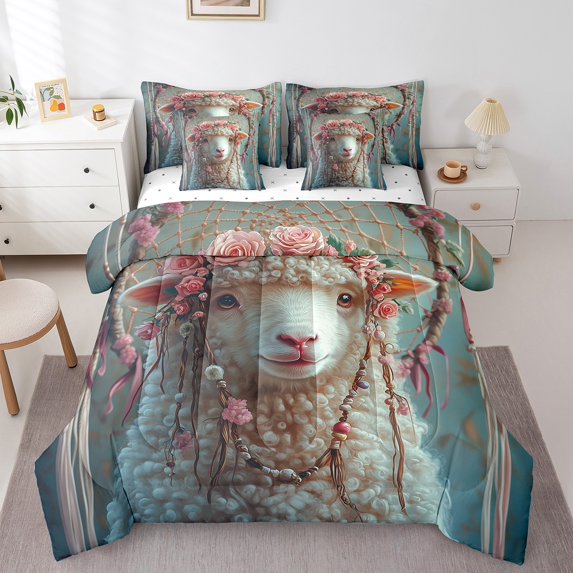 Alpaca Comforter Set Dreamcatcher Boho Floral Rose Bedding Set King,Farm Animals Bed in a Bag Exotic Bohemian Decor(Comforter+Fitted+Flat Sheet+2 Pillowcases+2 Throw Pillow Covers) 7 Pieces Bed Set