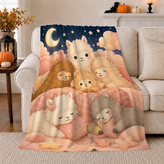 Alpaca Family Sleeping under Moon and Stars, Dreamy Whimsical Art for Kids, Bedtime Cloud Scene Soft Flannel Blanket, Baby Shower Gift for Nursery and Playroom Home Decor