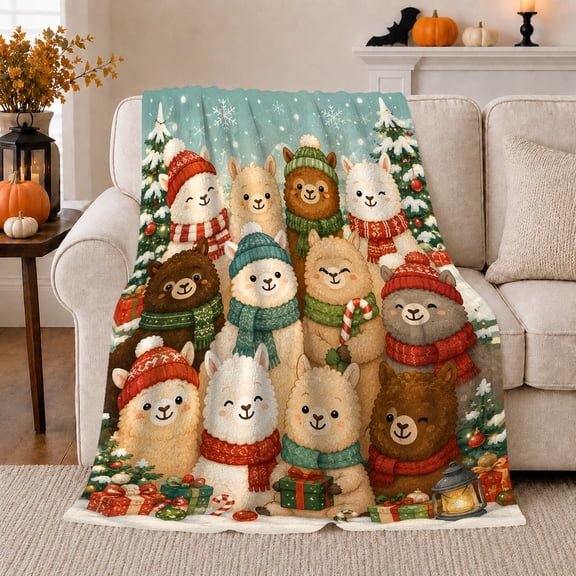 Alpaca Friends in Scarves by Snowy Trees, Playful Whimsical Art for Alpaca Lovers, Winter Animal Group Cozy Flannel Blanket, Christmas Gift for Playroom and Bedroom Home Decor