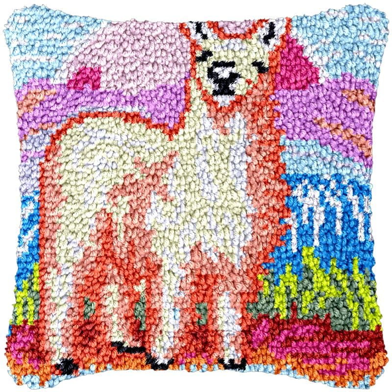 Alpaca Latch Hook Pillow Cover Kits for Needlework Cushion Throw Pillow Cross Stitch Crochet Hook Pillowcase Rug Kits Printed Canvas Crochet Yarn Kits Needlework 17'' X 17''