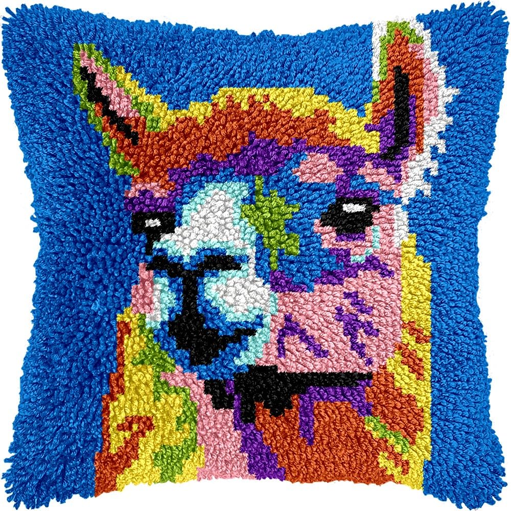 Alpaca Latch Hook Pillow Kits for DIY Throw Pillow Cushion Embroidery Latch Hooking Pillowcase Kits with Preprinted Canvas Crochet Yarn Kits for Home Decor 17''X 17''(C87)