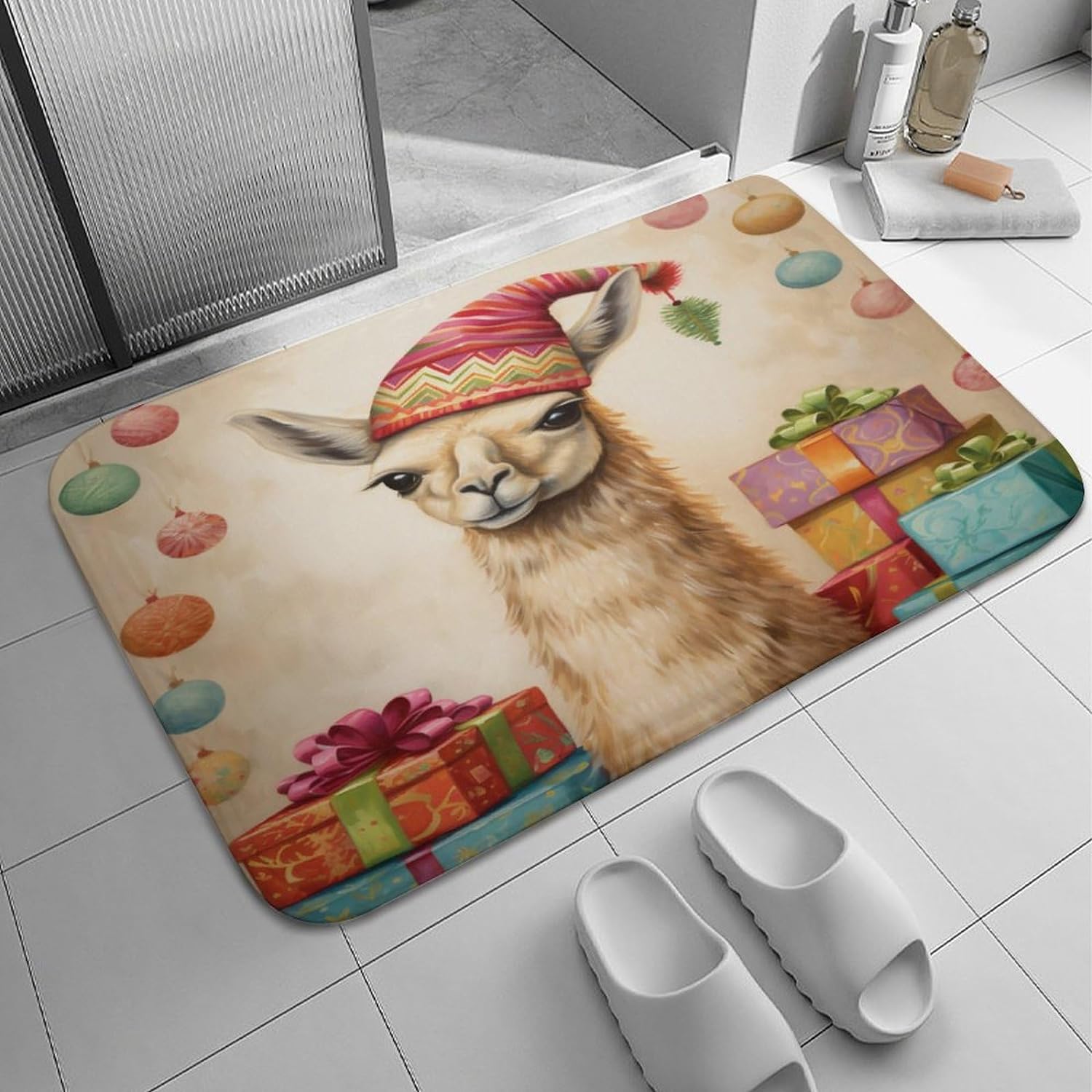 Alpaca Llama with Christmas Hat Outdoor Doormat LowProfile Water