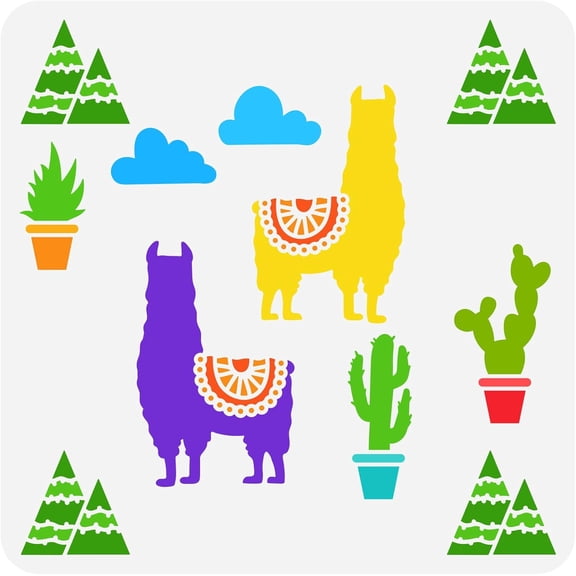Alpaca Painting Stencil 11.8x11.8inch Reusable Alpaca Nursery Drawing Template DIY Craft Pines Cloud Cactus Potted Plants Stencil for Painting on Wall Wood Fabric and Furniture colorful