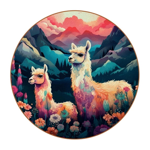 Alpaca Set of 6 Round Microfiber Leather Coasters, 11x11 cm/4.3x4.3 in, Stylish Drink Coasters for Home and Office, and Easy to Clean