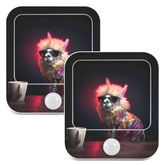 Alpaca Sheep Cup Sunglasses Night Lights Plug into Wall LED with Auto Light Sensor Warm Light for Kids Hallway Bedroom Living Room Kitchen Bathroom Set of 2