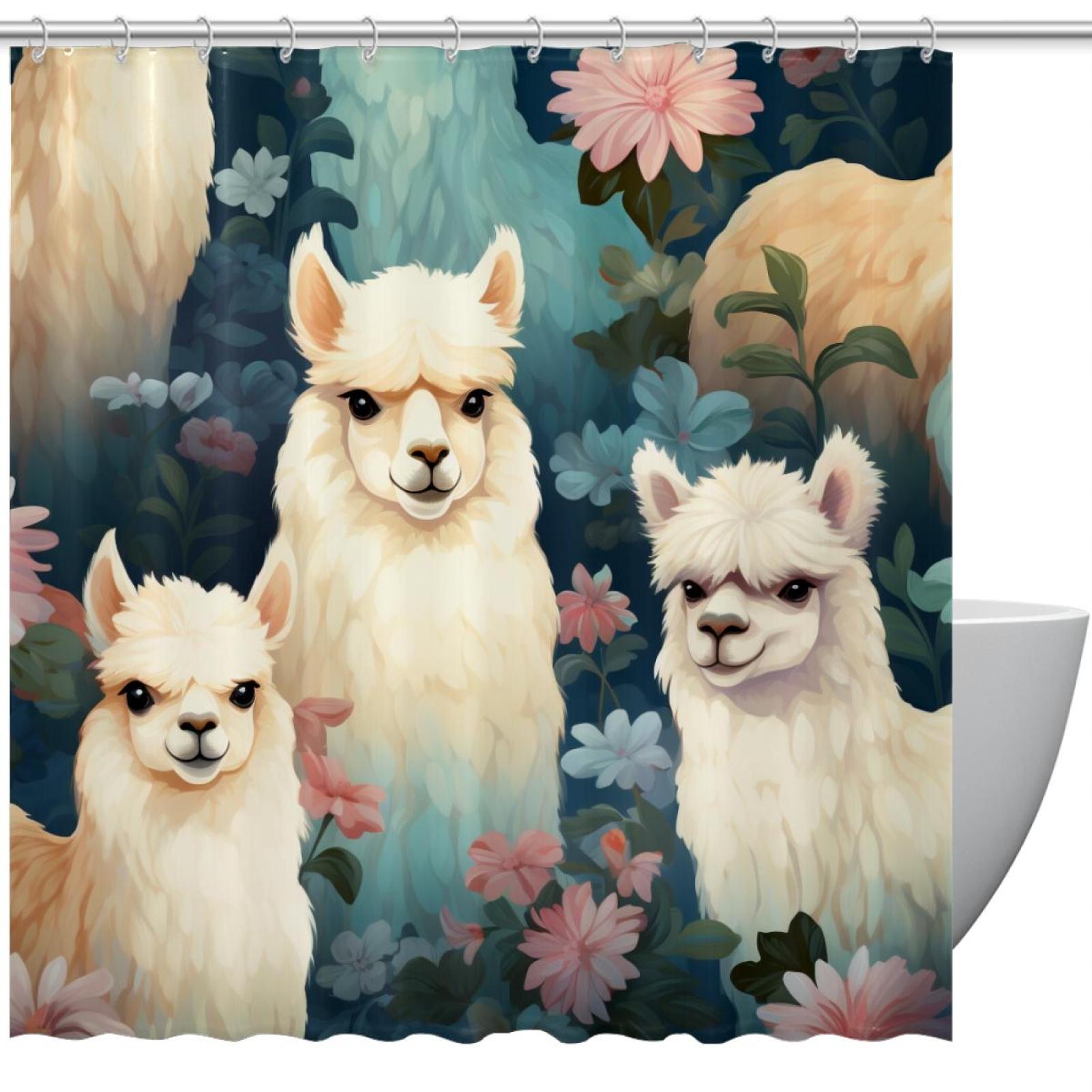 Alpaca Shower Curtain with Hooks, Polyester Fabric Shower Curtain