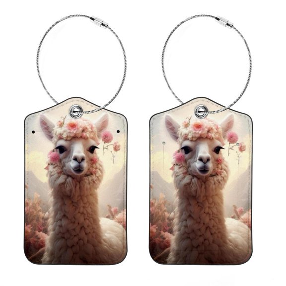 Alpaca Square PU Leather 2 Pack Travel Tag - Bag Tag - Suitcase Tag with Privacy Cover and Stainless Steel Ring - Suitable for Travel, Backpack, and Handbag