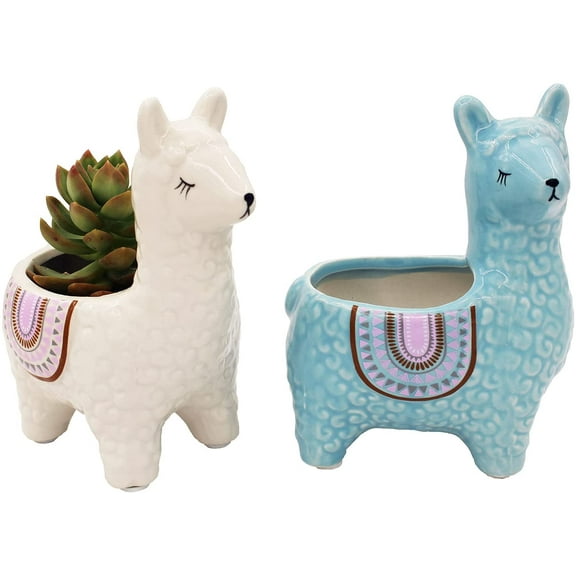 Alpaca Succulent Pots, 2 Pc. Set Animal Planter, Decorative Ceramic Planters for Natural Indoor Gardens and Cacti, Colorful Office and Home Decor for Living Room, Kitchen, or Desk