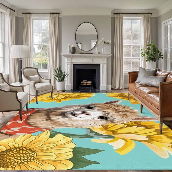Alpaca Sunflowers Area Rugs 6'x9', Washable Small Throw Rugs for Kitchen Dining room, Watercolor Animals Floral Plant Teal Indoor Outdoor Rug Non-Slip Low Pile Carpet Runner Reversible Floor Mats