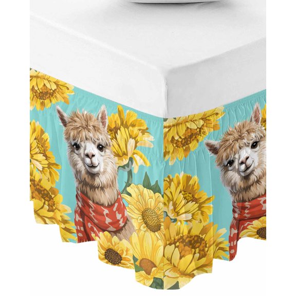 Alpaca Sunflowers Bed Skirt King Size 16 Inch Drop, Wrap Around Bed Skirts, Watercolor Animals Floral Plant Teal Elastic Bedskirt Pleated Bed Frame Cover Luxurious Dust Ruffle for King Bed