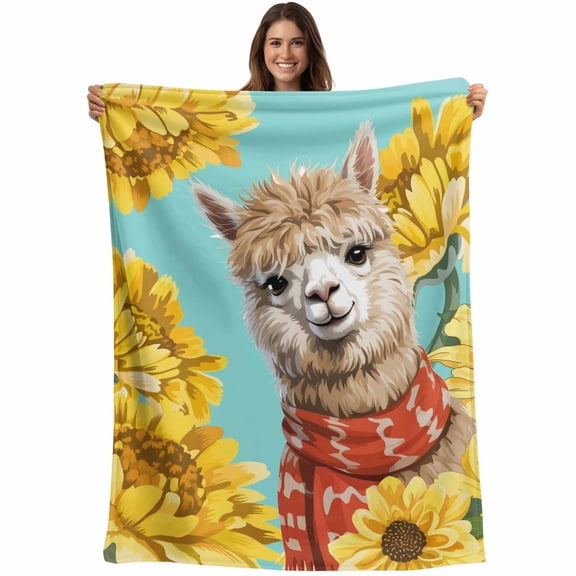 Alpaca Sunflowers Blanket Soft Cozy Warm Throw Blanket for Couch, Plush Fuzzy Flannel Fleece Blankets for Sofa, Watercolor Animals Floral Plant Teal Bed Blankets Lightweight Gifts for Women, 40"x50"
