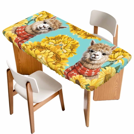Alpaca Sunflowers Table Cloths for 6 Foot Rectangle Tables, Watercolor Animals Floral Plant Teal Patio Waterproof Elastic Fitted Tablecloths, Washable Rectangular Table Cover for Camping